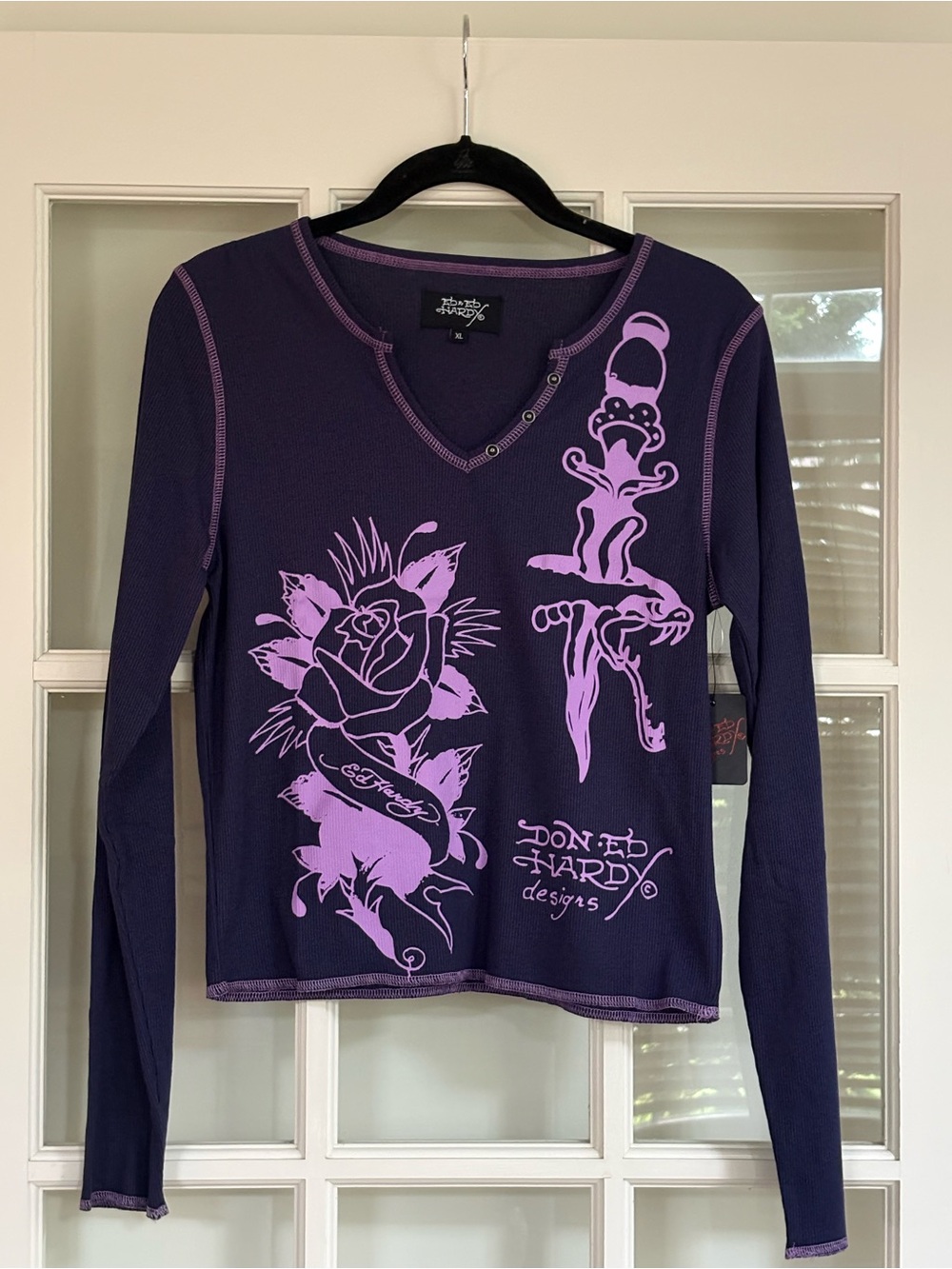 Ed Hardy Purple Graphic Thermal Henley Long Sleeve Top – Juniors Size XL
